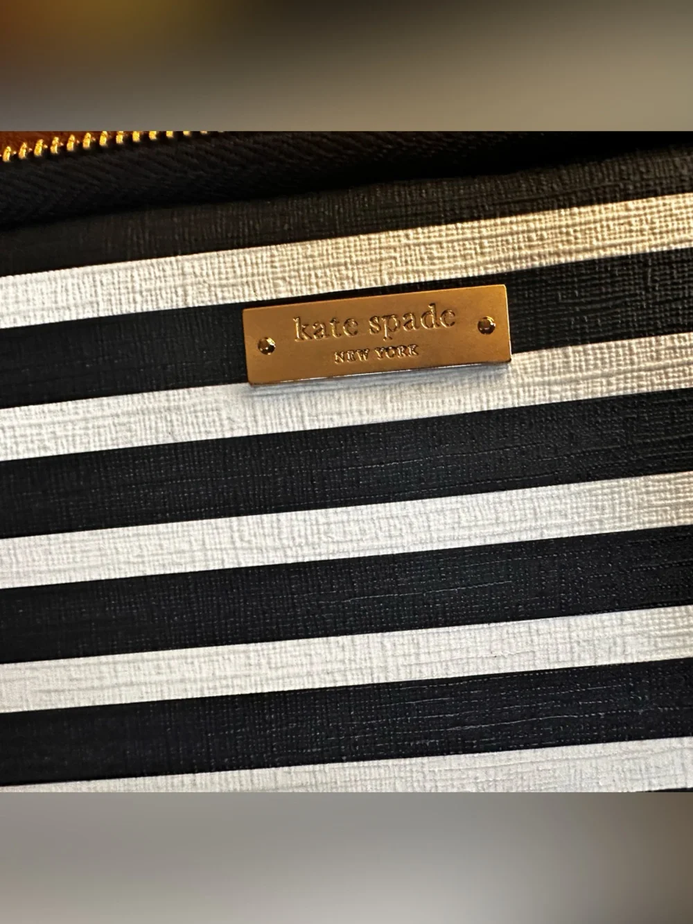 kate spade Black and White Horizontal Stripe computer pouch with Gold Plaque